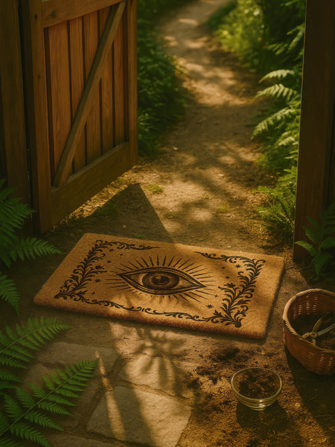 A 24x16 inch rectangular outdoor doormat made of eco-friendly coconut coir with a black vinyl backing. The mat features a central evil eye design radiating with detailed rays and surrounded by swirling ornamental scrollwork and small stars. Designed for witchy home entryways, it offers protection and style for porches, patios, and thresholds.